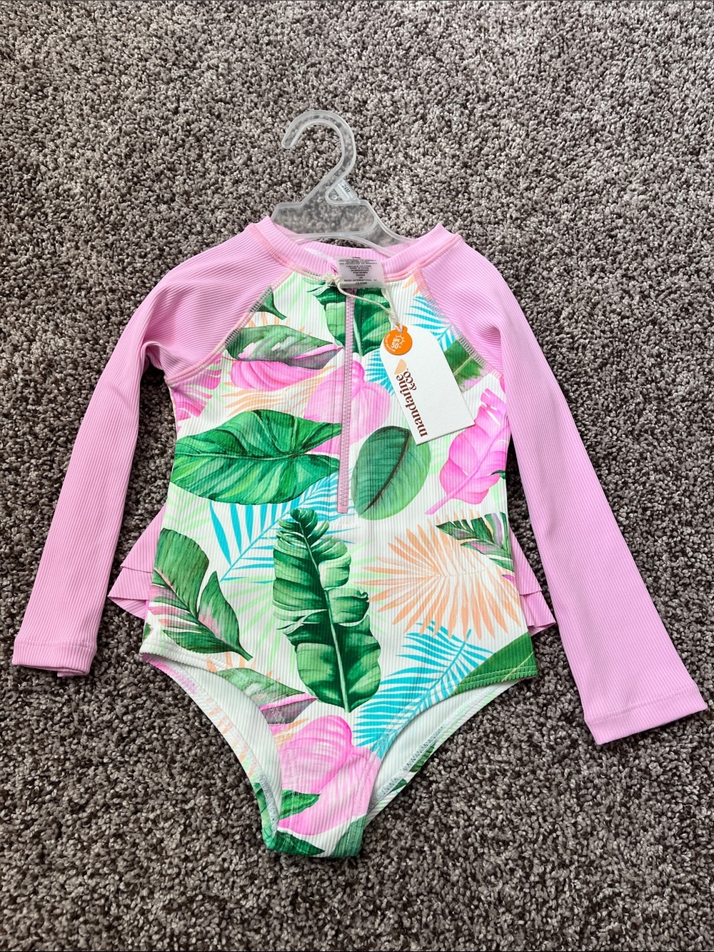 Baby Girl Long Sleeve Pink Tropical Rash Guard Swimsuit Size 24 Months